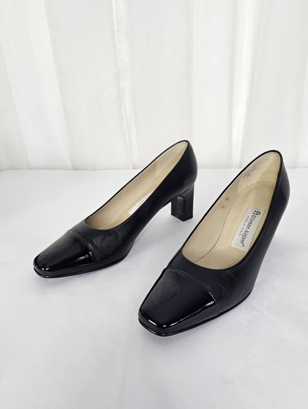 Etienne Aigner Strada Black Leather Cap Toe Block Heel Pumps - Picture 3 of 10